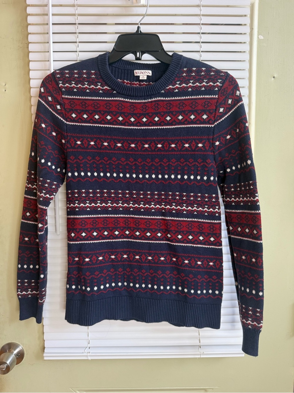Merona Navy, Burgundy and White Fair Isle Crewneck Sweater